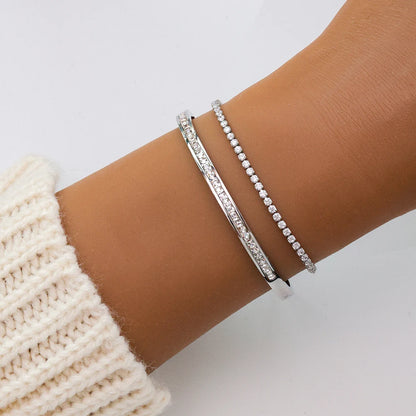 Trendy Waterproof 18K Gold Stainless Steel 2mm Shiny Cubic Zirconia Classic Tennis Chain Bracelet for Women