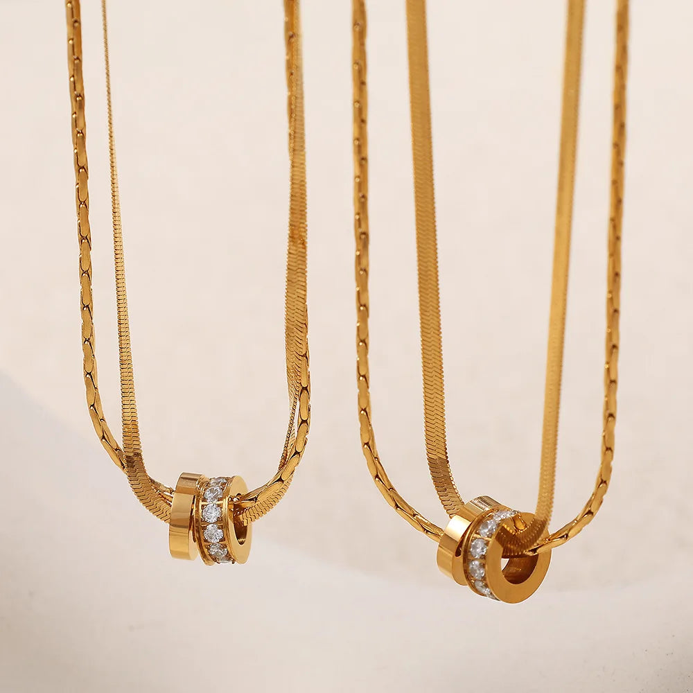 Stainless Steel Double Layered Chain Stacked Jewelry 18k Gold Plated White Zircon Double Ring Pendant Necklace