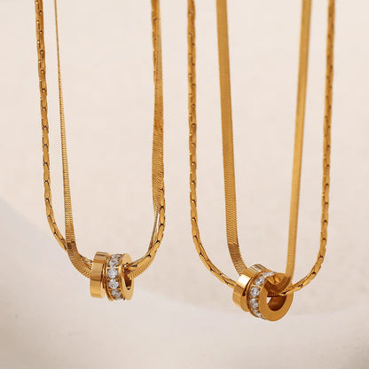 Stainless Steel Double Layered Chain Stacked Jewelry 18k Gold Plated White Zircon Double Ring Pendant Necklace
