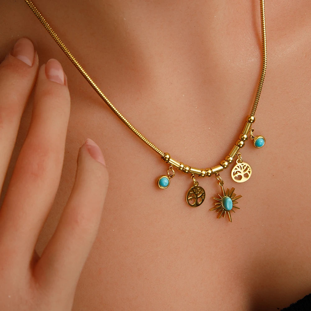 Vintage Bohemian Jewelry Waterproof 18k Gold Plated 316L Stainless Steel Tree of Life Turquoise Pendants Necklace YF3586