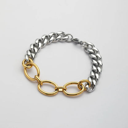 Unique Design 18k Gold Plated Stainless Steel Two Tone Splicing Chain Oval Full Zircon Charms Bracelet for Women