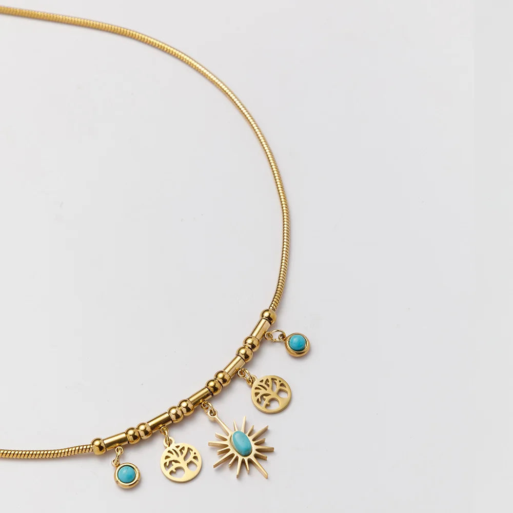 Vintage Bohemian Jewelry Waterproof 18k Gold Plated 316L Stainless Steel Tree of Life Turquoise Pendants Necklace YF3586