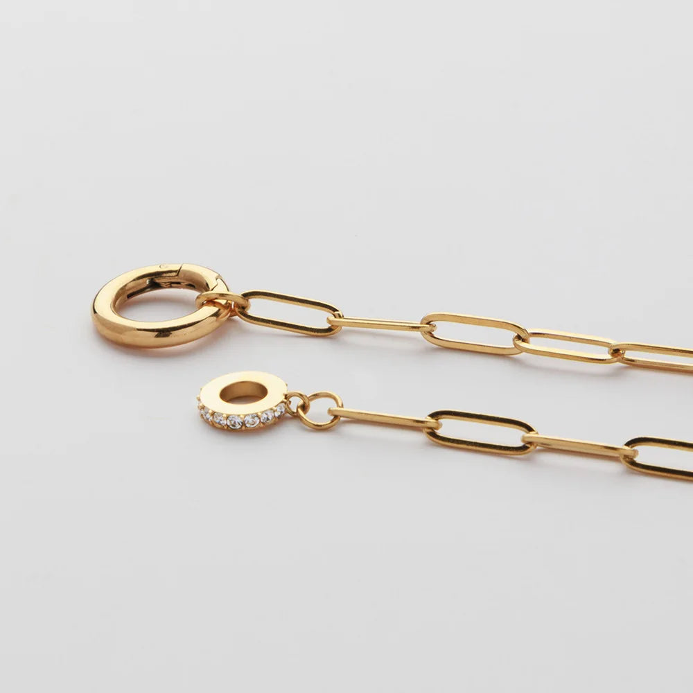 Non Tarnish Round Push Clasp Necklace 18k Gold Plated Stainless Steel Zircon Charm Paperclip Chain Necklace for Women