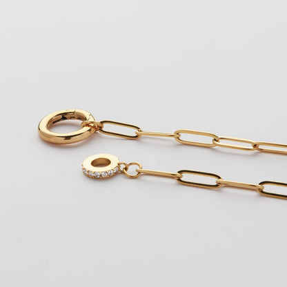 Non Tarnish Round Push Clasp Necklace 18k Gold Plated Stainless Steel Zircon Charm Paperclip Chain Necklace for Women