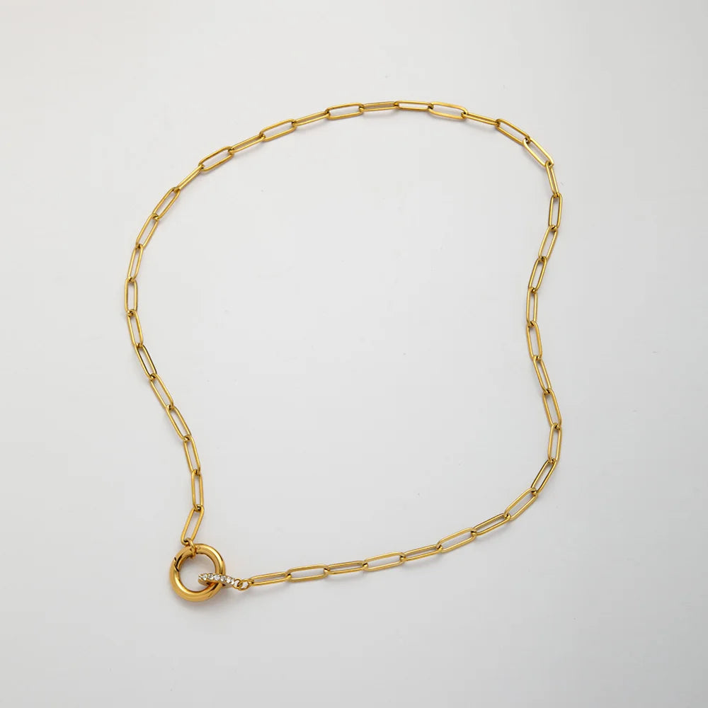 Non Tarnish Round Push Clasp Necklace 18k Gold Plated Stainless Steel Zircon Charm Paperclip Chain Necklace for Women