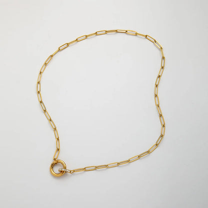 Non Tarnish Round Push Clasp Necklace 18k Gold Plated Stainless Steel Zircon Charm Paperclip Chain Necklace for Women