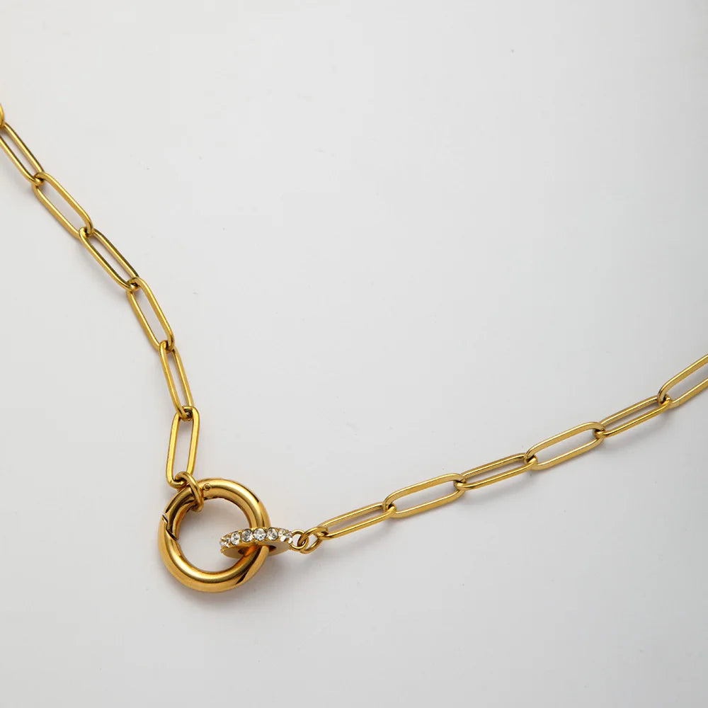 Non Tarnish Round Push Clasp Necklace 18k Gold Plated Stainless Steel Zircon Charm Paperclip Chain Necklace for Women