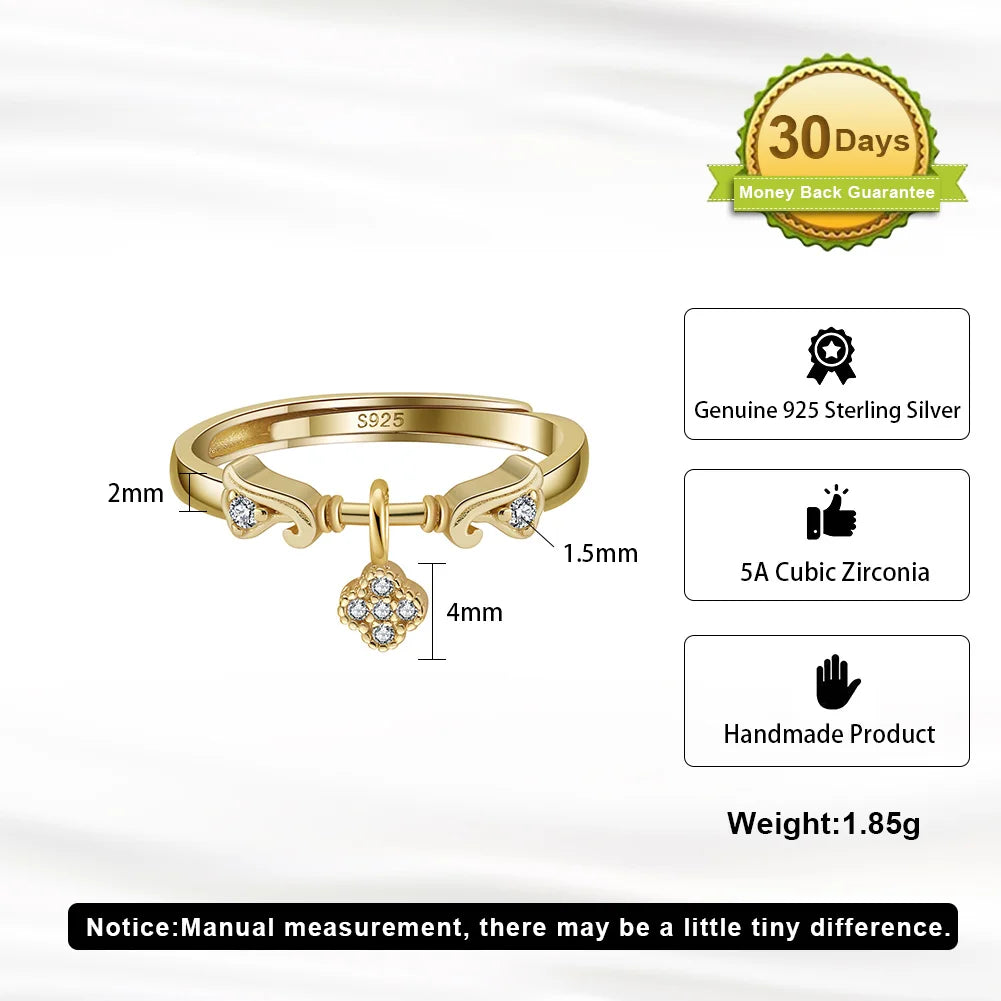 Open Adjustable Ring 14k Gold Plated with Zirconia Ring Four Leaf Clover Design Pendant  925 Silver Ring
