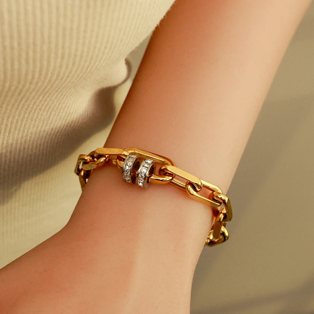 YF Design Waterproof Stainless Steel Jewelry Set 18k Gold Plated Thick Chain Spring Clasp Chunky Bracelet Necklace