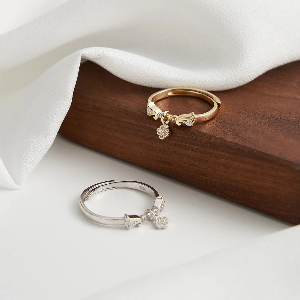 Open Adjustable Ring 14k Gold Plated with Zirconia Ring Four Leaf Clover Design Pendant  925 Silver Ring