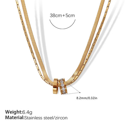 Stainless Steel Double Layered Chain Stacked Jewelry 18k Gold Plated White Zircon Double Ring Pendant Necklace