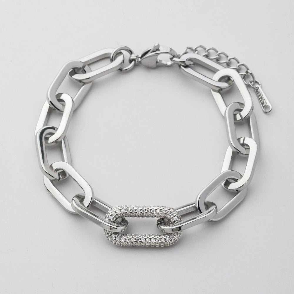 Fashion Designer Jewelry 18K Gold Plated Statement Stainless Steel Thick Caper Clip Chain Cubic Zirconia Charms Bracelet