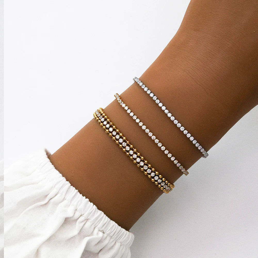 Trendy Waterproof 18K Gold Stainless Steel 2mm Shiny Cubic Zirconia Classic Tennis Chain Bracelet for Women