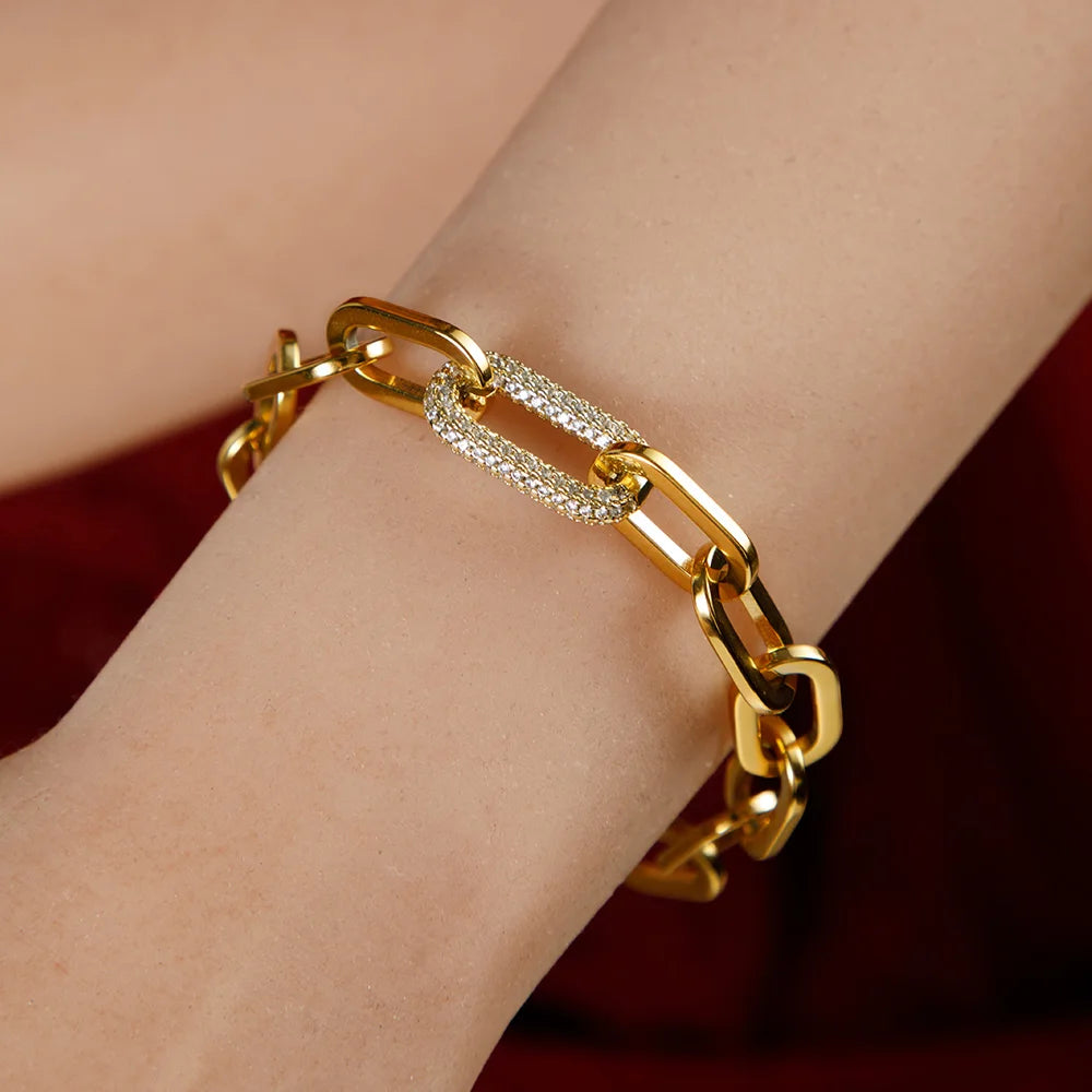 Fashion Designer Jewelry 18K Gold Plated Statement Stainless Steel Thick Caper Clip Chain Cubic Zirconia Charms Bracelet