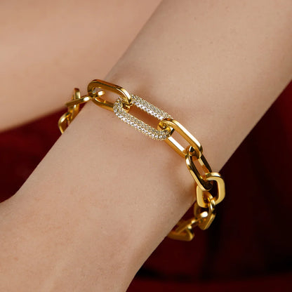 Fashion Designer Jewelry 18K Gold Plated Statement Stainless Steel Thick Caper Clip Chain Cubic Zirconia Charms Bracelet