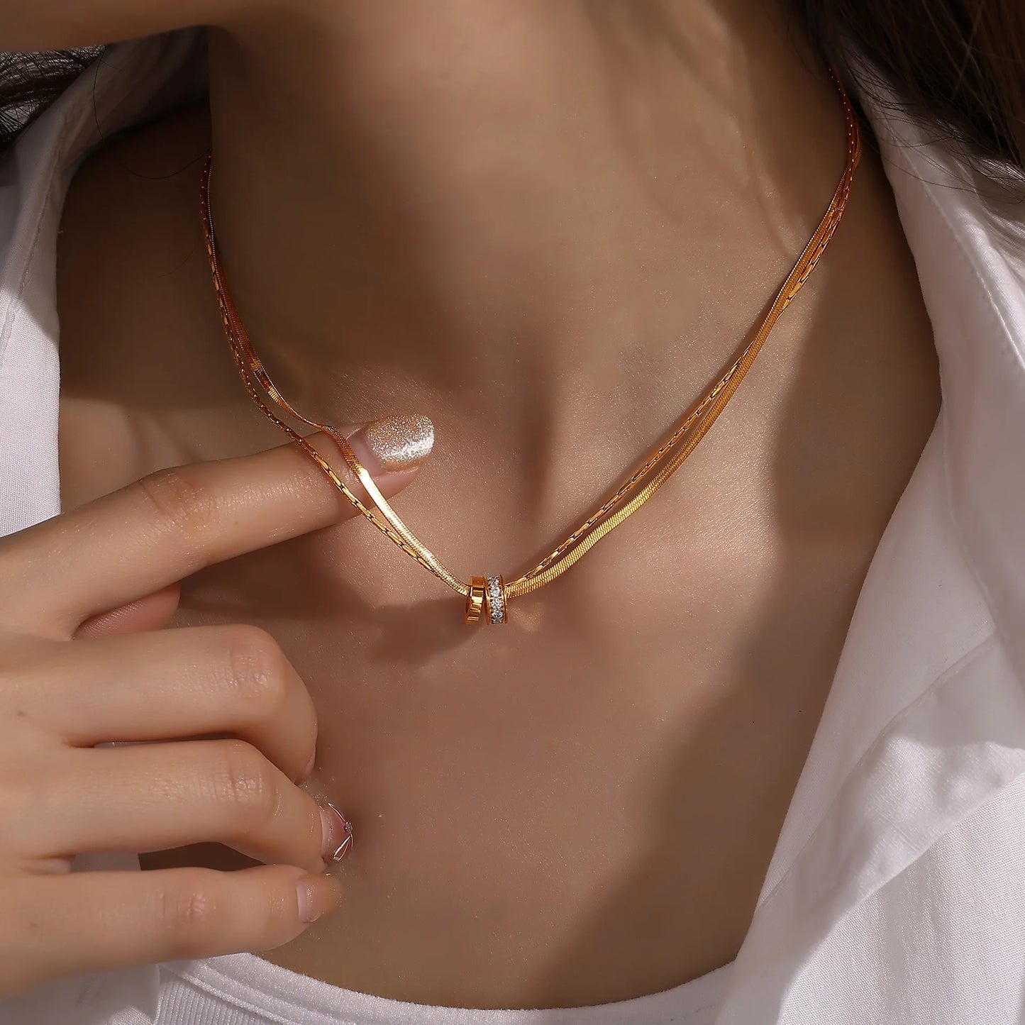 Stainless Steel Double Layered Chain Stacked Jewelry 18k Gold Plated White Zircon Double Ring Pendant Necklace