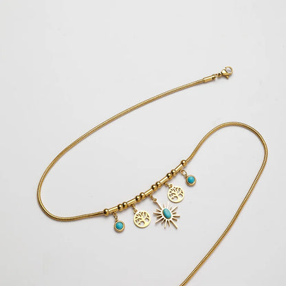 Vintage Bohemian Jewelry Waterproof 18k Gold Plated 316L Stainless Steel Tree of Life Turquoise Pendants Necklace YF3586