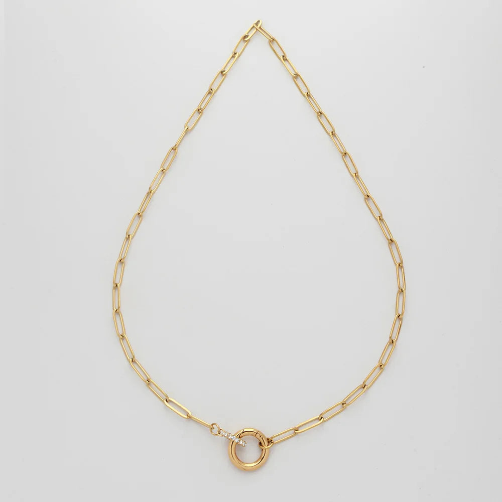 Non Tarnish Round Push Clasp Necklace 18k Gold Plated Stainless Steel Zircon Charm Paperclip Chain Necklace for Women