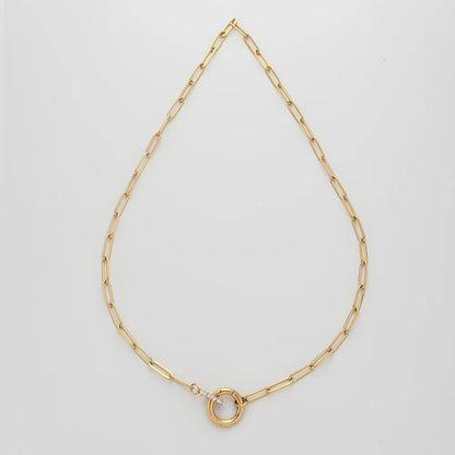Non Tarnish Round Push Clasp Necklace 18k Gold Plated Stainless Steel Zircon Charm Paperclip Chain Necklace for Women