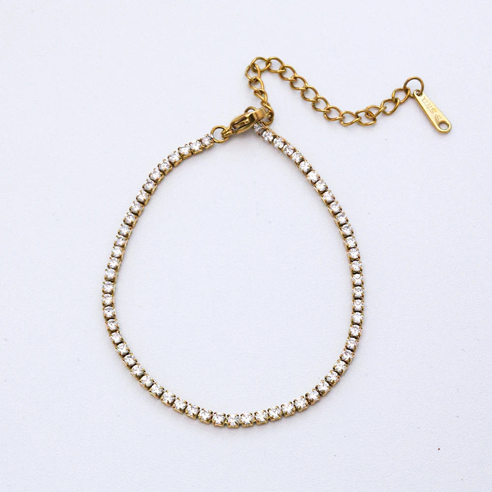 Trendy Waterproof 18K Gold Stainless Steel 2mm Shiny Cubic Zirconia Classic Tennis Chain Bracelet for Women