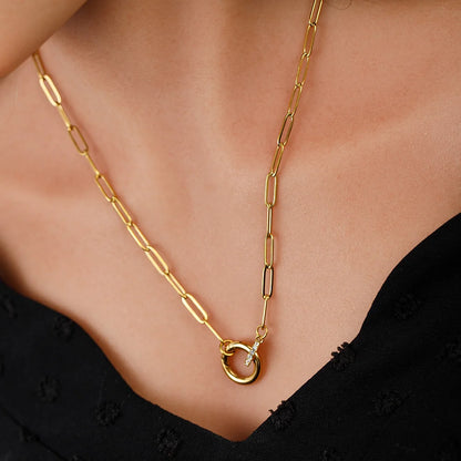 Non Tarnish Round Push Clasp Necklace 18k Gold Plated Stainless Steel Zircon Charm Paperclip Chain Necklace for Women