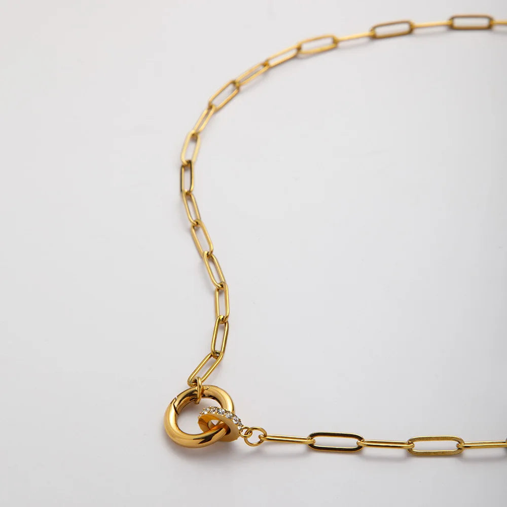 Non Tarnish Round Push Clasp Necklace 18k Gold Plated Stainless Steel Zircon Charm Paperclip Chain Necklace for Women