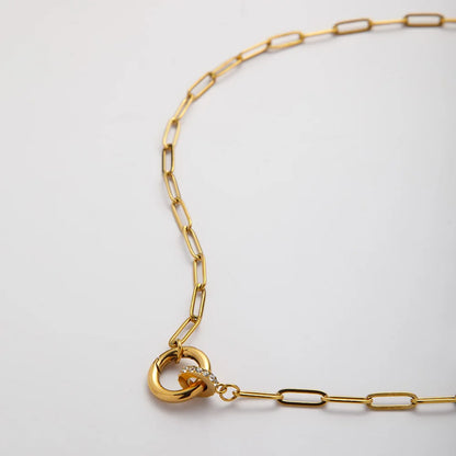 Non Tarnish Round Push Clasp Necklace 18k Gold Plated Stainless Steel Zircon Charm Paperclip Chain Necklace for Women