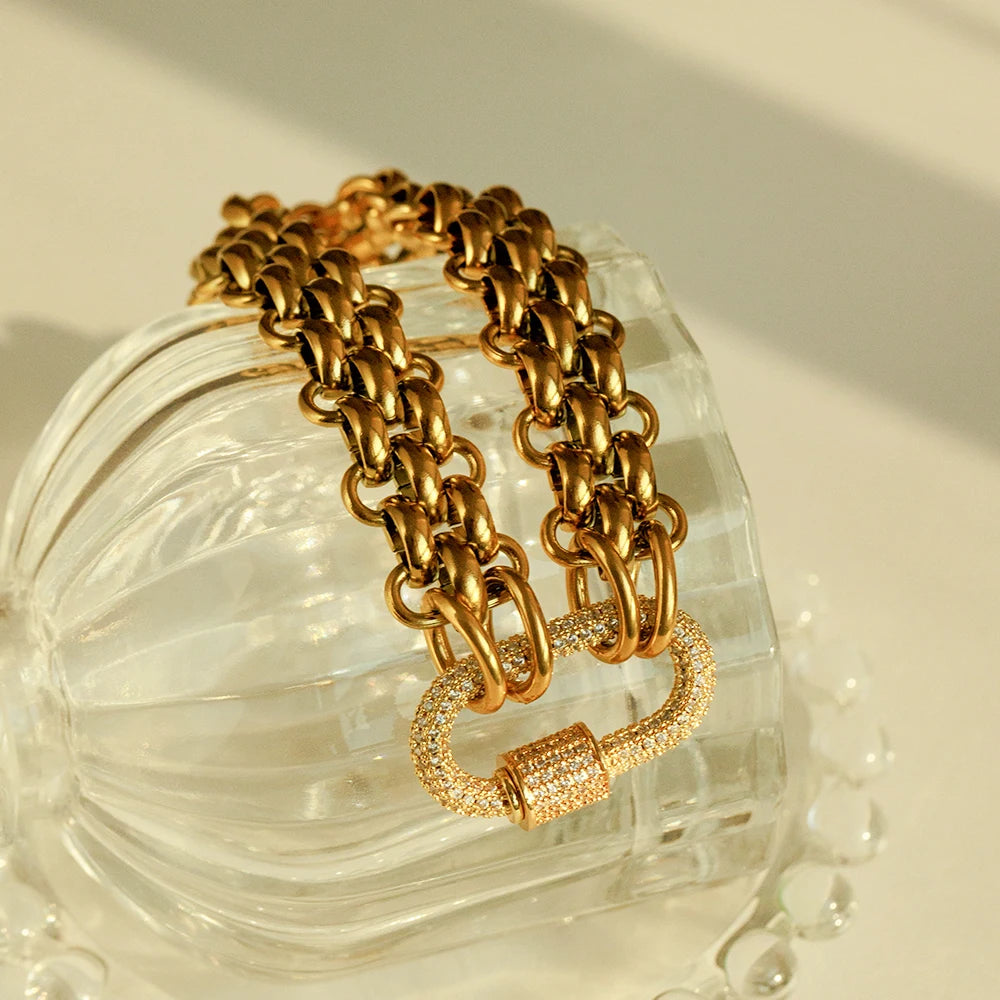 Fashion 18k Gold Plated Stainless Steel Hypoallergenicity Three Layer Weaving Chunky Chain Zircon Clasp Bracelet