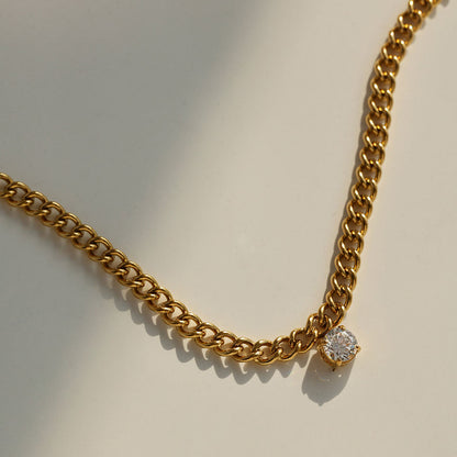 Trendy Jewelry Wasserdichte 18 Karat PVD vergoldete Edelstahl Chunky Curb Chain Single Zirkonia Anhänger Halskette