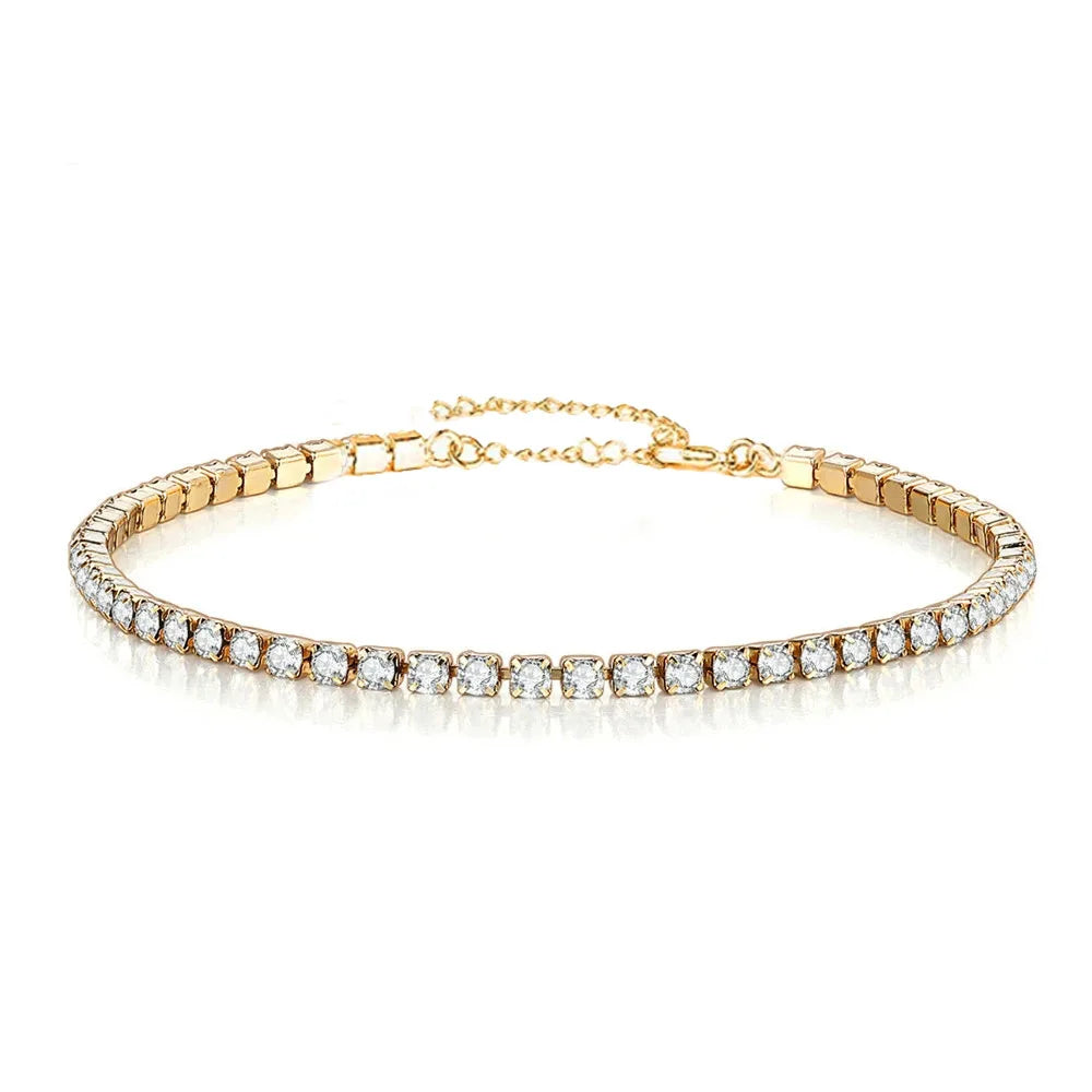 Trendy Waterproof 18K Gold Stainless Steel 2mm Shiny Cubic Zirconia Classic Tennis Chain Bracelet for Women